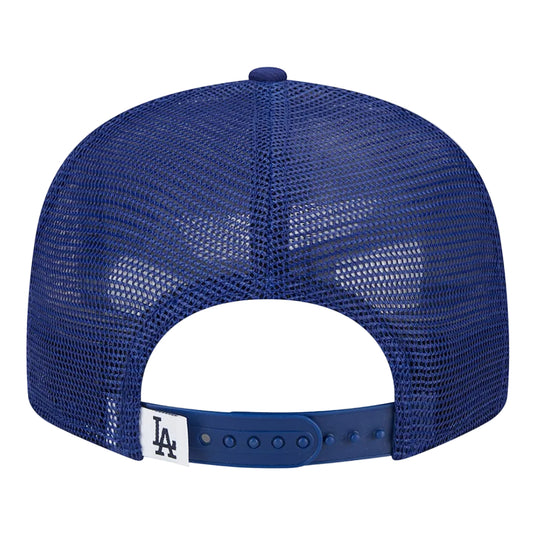 Blue mesh cap with a white logo on a white background