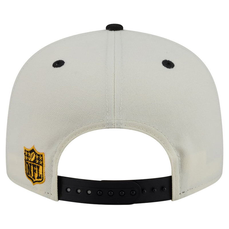 Load image into Gallery viewer, Back view of a white NFL baseball cap with a black adjustable strap and a gold NFL shield logo patch on the side.
