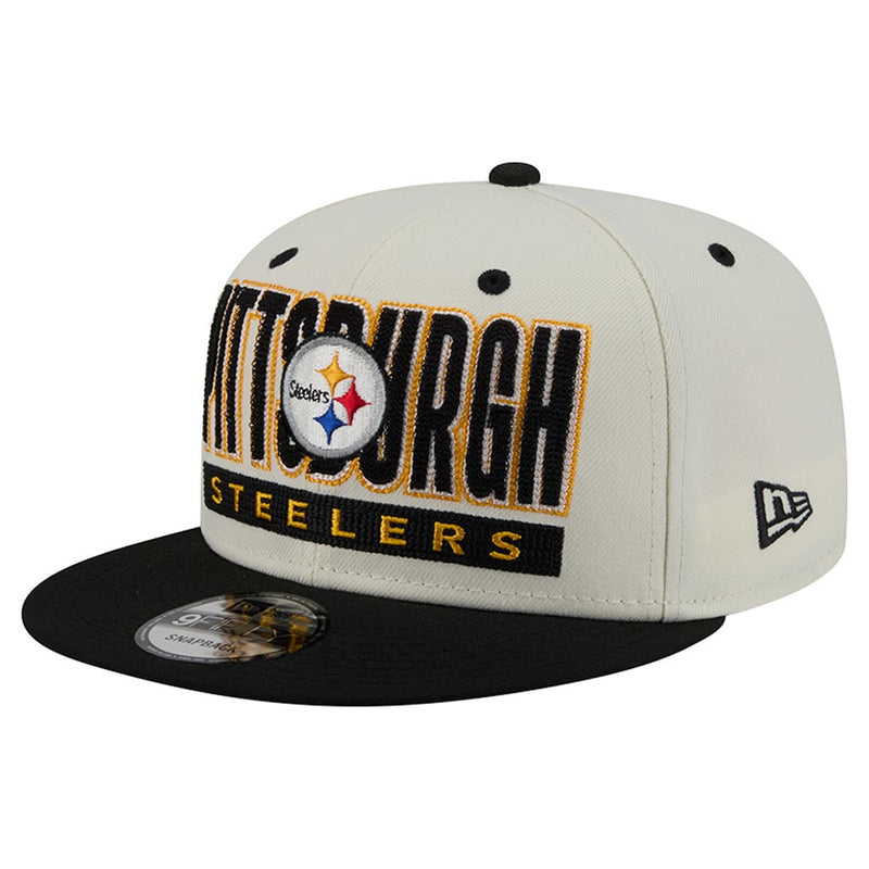 Load image into Gallery viewer, Side shot of a Chalk White and black Pittsburgh Steelers snapback with 'Pittsburgh Steelers' in bolded embroidery along the front of the cap. 
