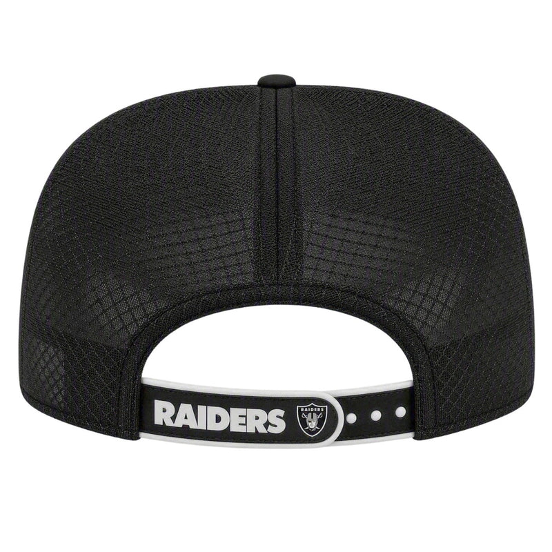 Load image into Gallery viewer, Black Vegas Raiders baseball cap viewed from the back, featuring a textured mesh crown and a black adjustable strap with white 'RAIDERS' text and the Raiders logo.
