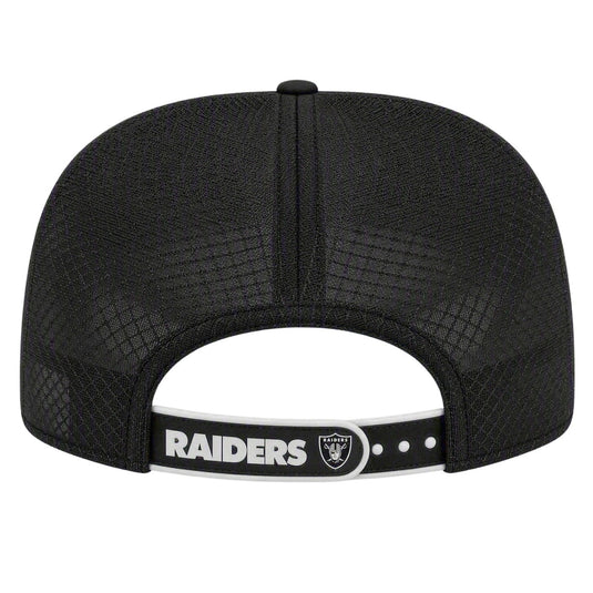 Black Vegas Raiders baseball cap viewed from the back, featuring a textured mesh crown and a black adjustable strap with white 'RAIDERS' text and the Raiders logo.
