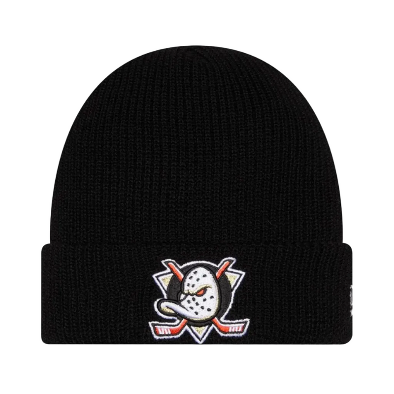 Load image into Gallery viewer, Black knit cuff New Era Ducks beanie with the Ducks logo embroidered on the cuff
