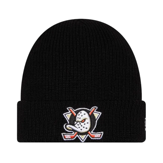 Black knit cuff New Era Ducks beanie with the Ducks logo embroidered on the cuff