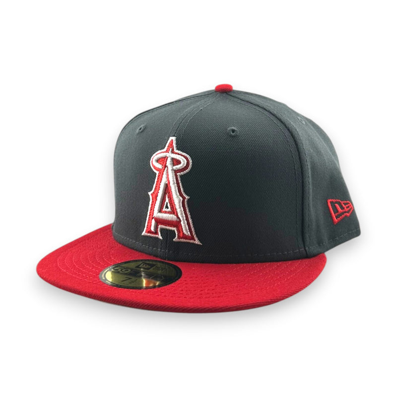 Load image into Gallery viewer, Gray and red baseball cap with an Angels logo on a white background
