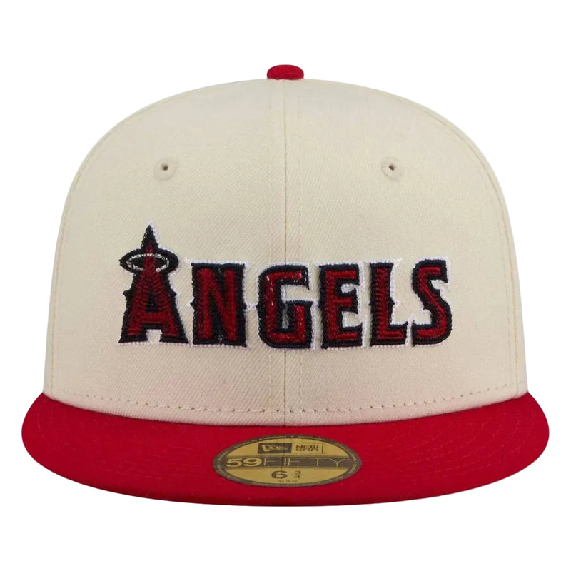 Load image into Gallery viewer, Baseball cap with stitched 'ANGELS' logo on a beige and red background
