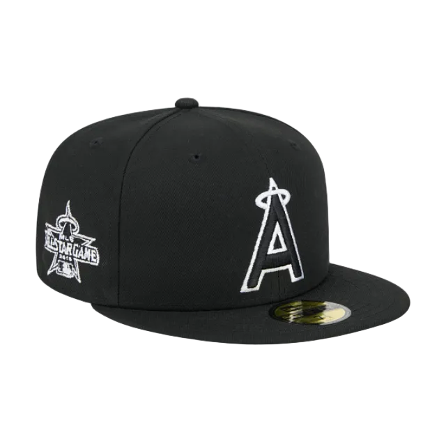 Load image into Gallery viewer, A black Los Angeles Angels fitted baseball cap with a white embroidered 'A' logo on the front and a white All-Star Game patch on the side, shown on a plain white background.
