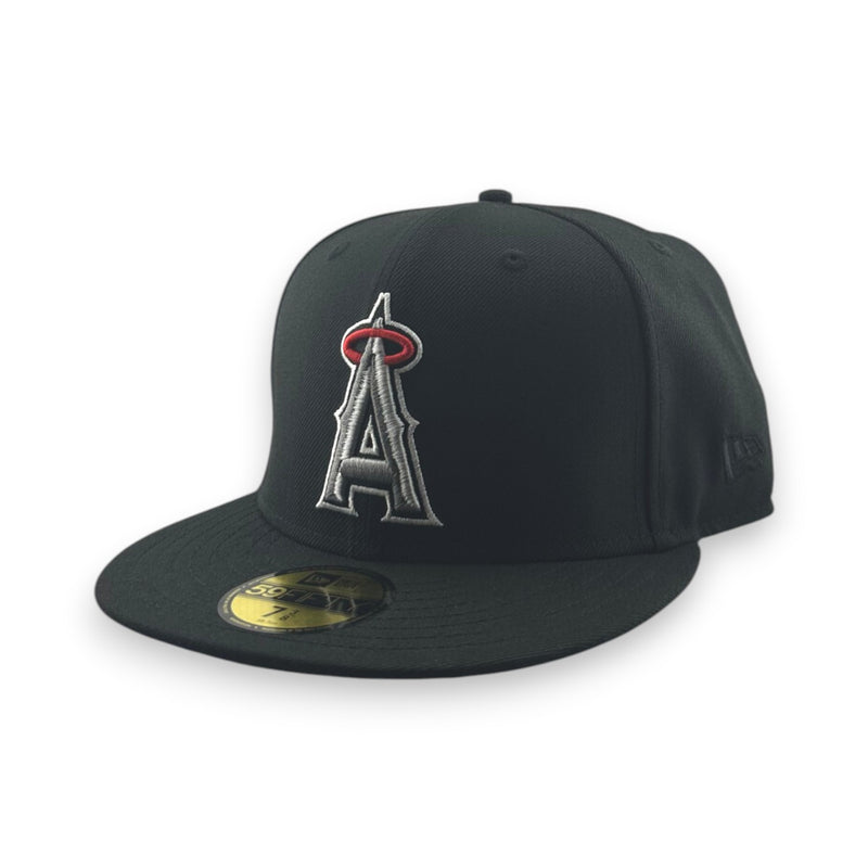 Load image into Gallery viewer, Black baseball cap with a gray and red Angels logo on a white background
