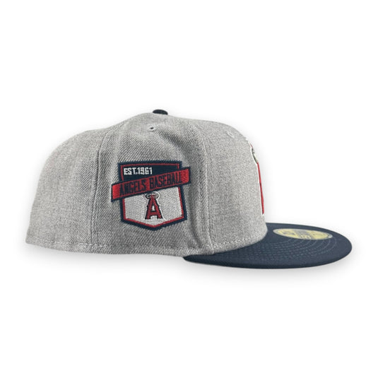 Gray and navy baseball cap with logo on a white background