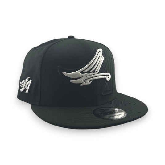 Black cap with black and white Angels logo on a white background