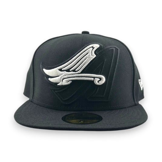 Black cap with a black/white angels logo on a white background