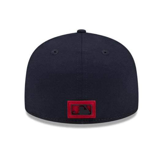 Black baseball cap with a red and white logo on a white background