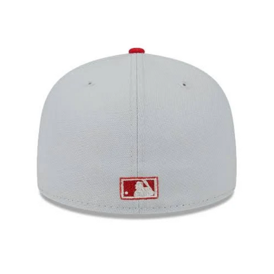 Gray baseball cap with a red logo on a white background