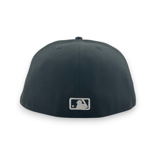 Black baseball cap with a logo on the back against a white background