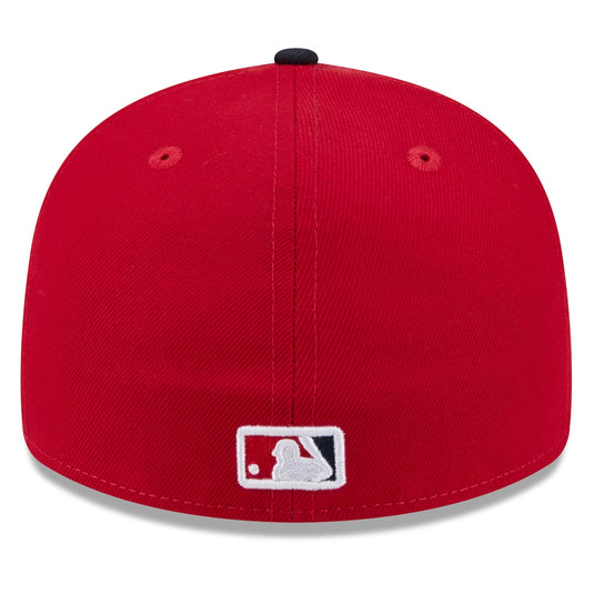 Red baseball cap with a logo on a white background