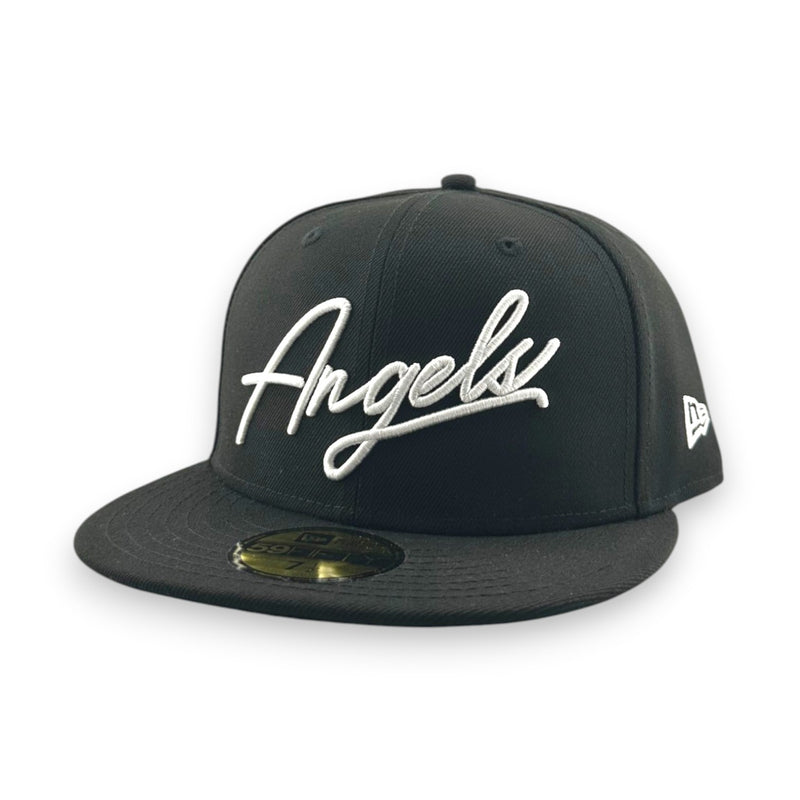Load image into Gallery viewer, Black cap with 'Angels' in script on a white background 
