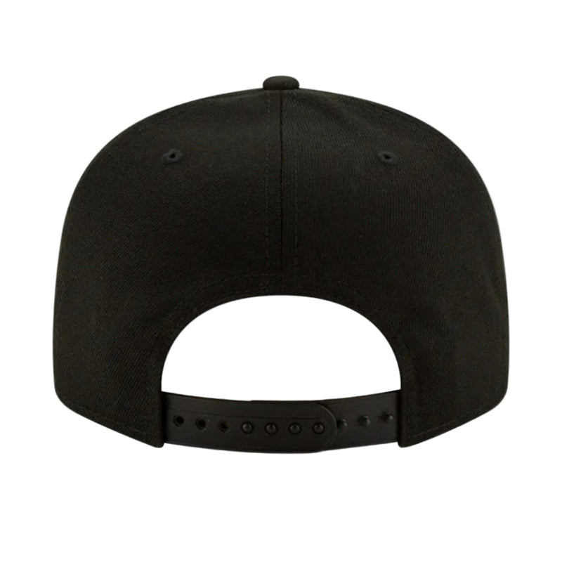 Load image into Gallery viewer, The back view of a black snapback cap on a solid white background.
