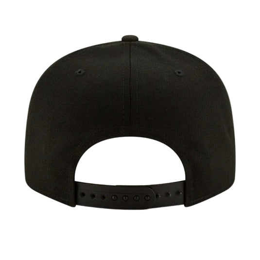 The back view of a black snapback cap on a solid white background.