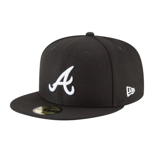 Black Atlanta Braves cap with a white logo on a white background
