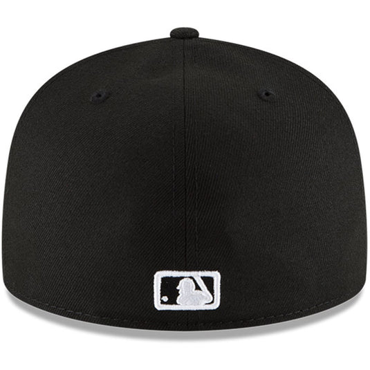 Black baseball cap with a white logo on a white background