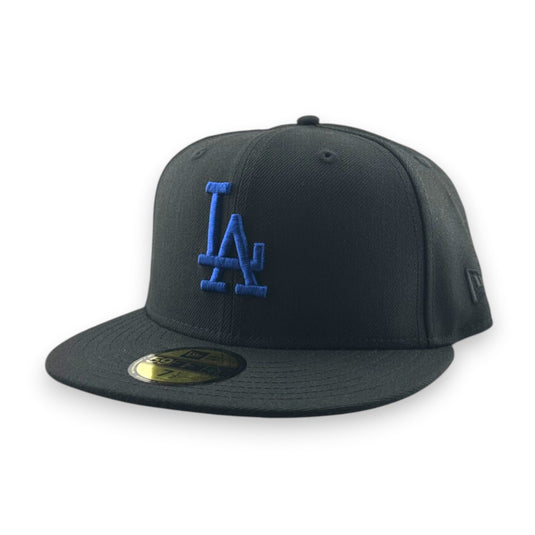 Black baseball cap with blue 'LA' logo on a white background