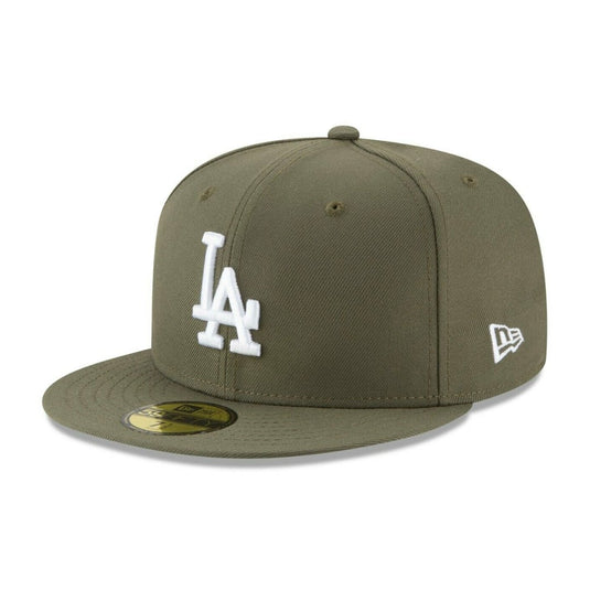 Olive green and white cap with Dodgers logo on a white background
