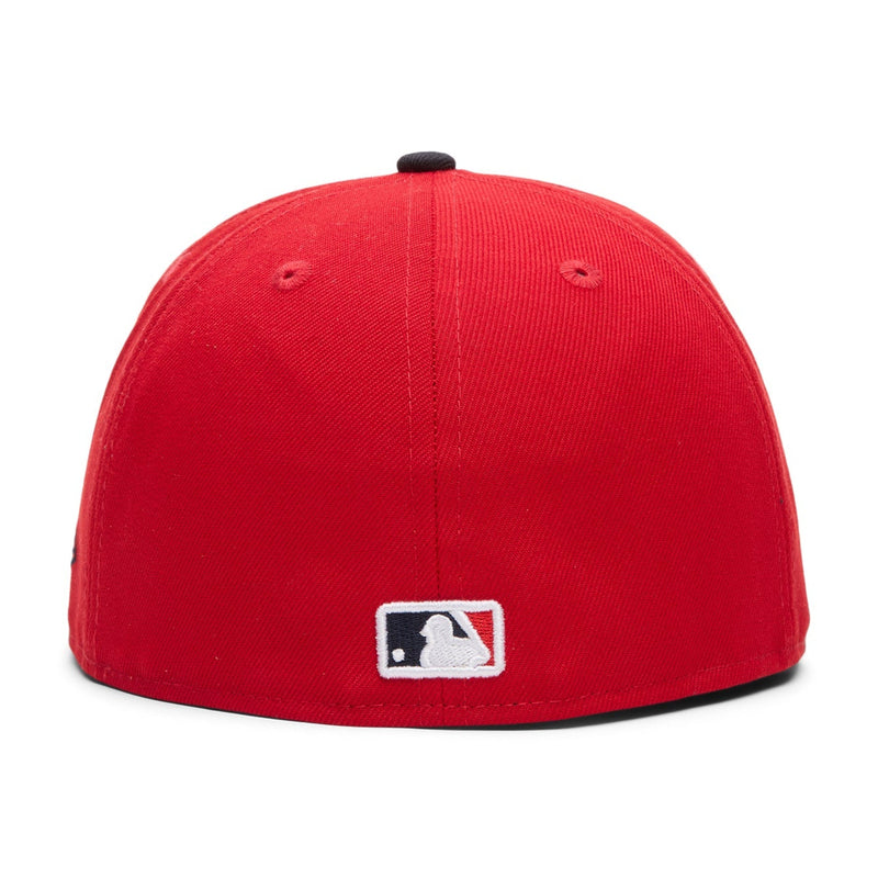 Load image into Gallery viewer, Red baseball cap with MLB logo on a white background
