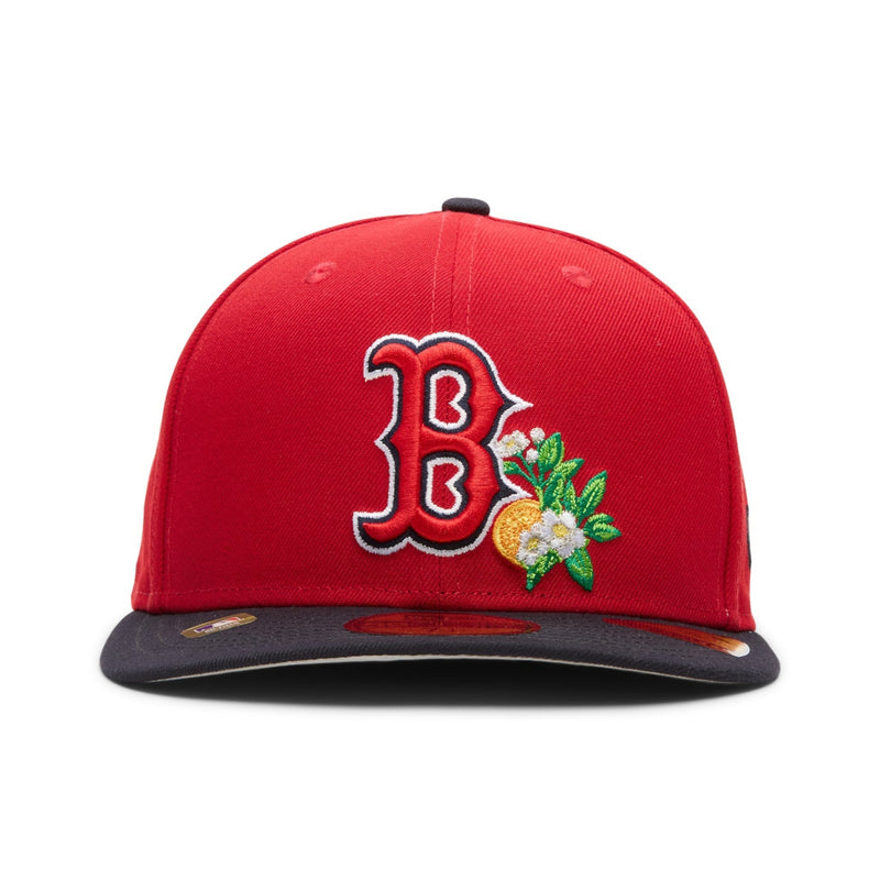 Load image into Gallery viewer, Red Boston cap with floral design and 'B' logo on a white background
