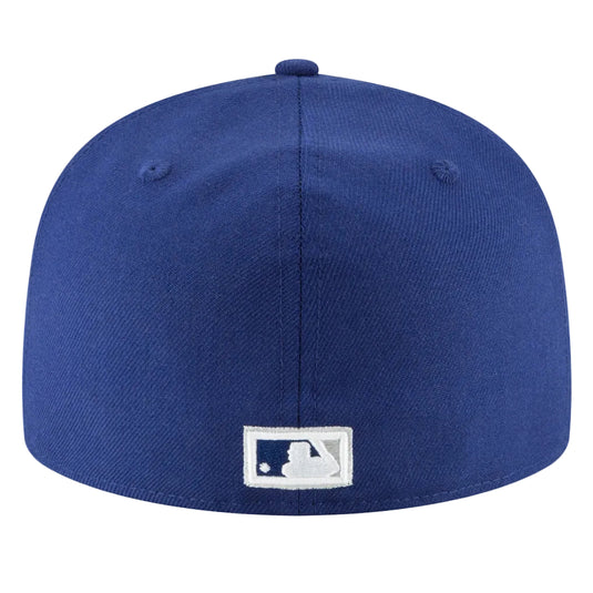 Blue baseball cap with a white logo on a white background