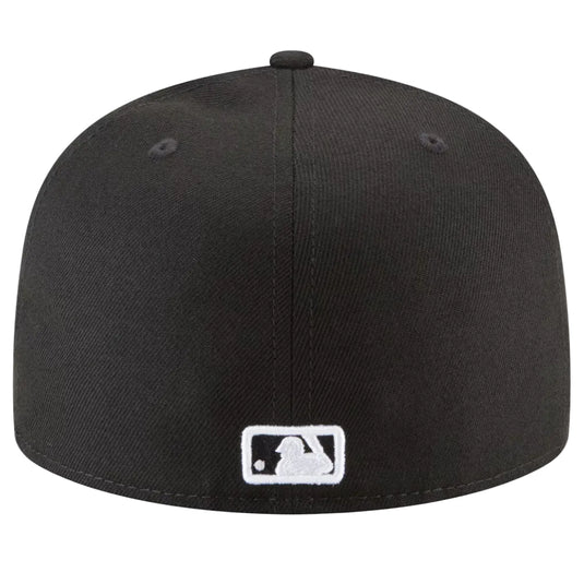 The back of New Era 59Fifty fitted black cap of MLB team Chicago White Sox with a white MLB logo on the back center. 