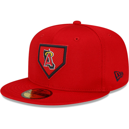 Red baseball cap with a logo on a white background