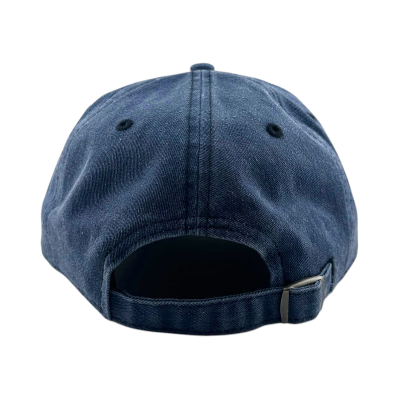 Load image into Gallery viewer, The back view of a dark blue denim baseball cap with an adjustable strap and metal slider, shown on a plain white background.
