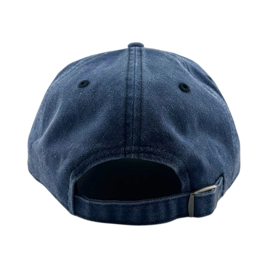 The back view of a dark blue denim baseball cap with an adjustable strap and metal slider, shown on a plain white background.