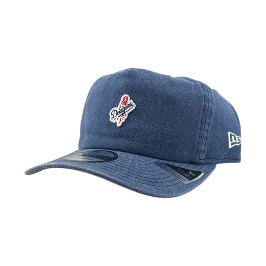 A blue denim baseball cap featuring a Dodgers patch on the front and a white New Era logo on the side, set against a plain white background.