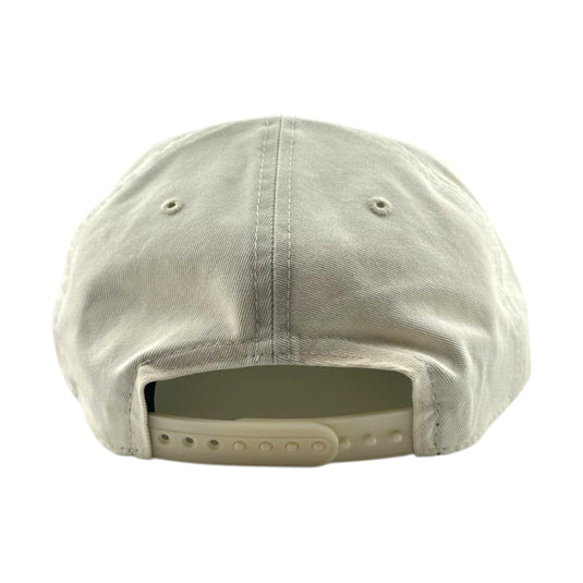 The back view of a light beige or off-white baseball cap with a fabric crown and an adjustable plastic snap closure, shown on a plain white background.