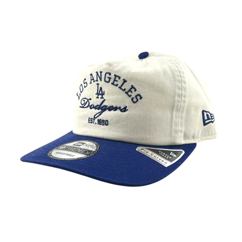 Load image into Gallery viewer, Los Angeles Dodgers baseball cap featuring an off-white crown with navy blue embroidered lettering and a navy blue visor, by New Era.
