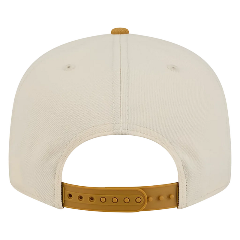 Load image into Gallery viewer, Back view of a structured baseball cap in off-white with a mustard yellow adjustable strap and button.
