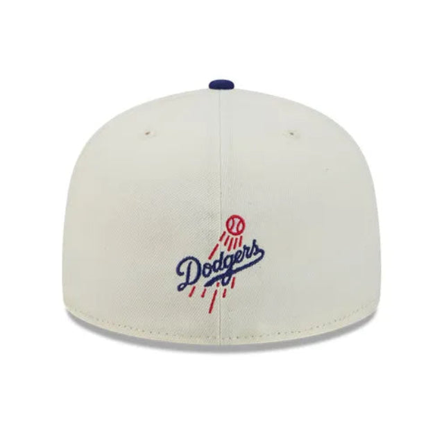 Load image into Gallery viewer, An off-white baseball cap featuring the embroidered Los Angeles Dodgers logo on the front, with a navy blue button on top, set against a plain white background.
