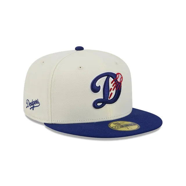 Load image into Gallery viewer, A Los Angeles Dodgers New Era 59FIFTY fitted cap featuring an off-white crown with a navy blue and red embroidered 'D' logo on the front, a navy blue side script logo, and a navy blue flat brim with a gold-size sticker.
