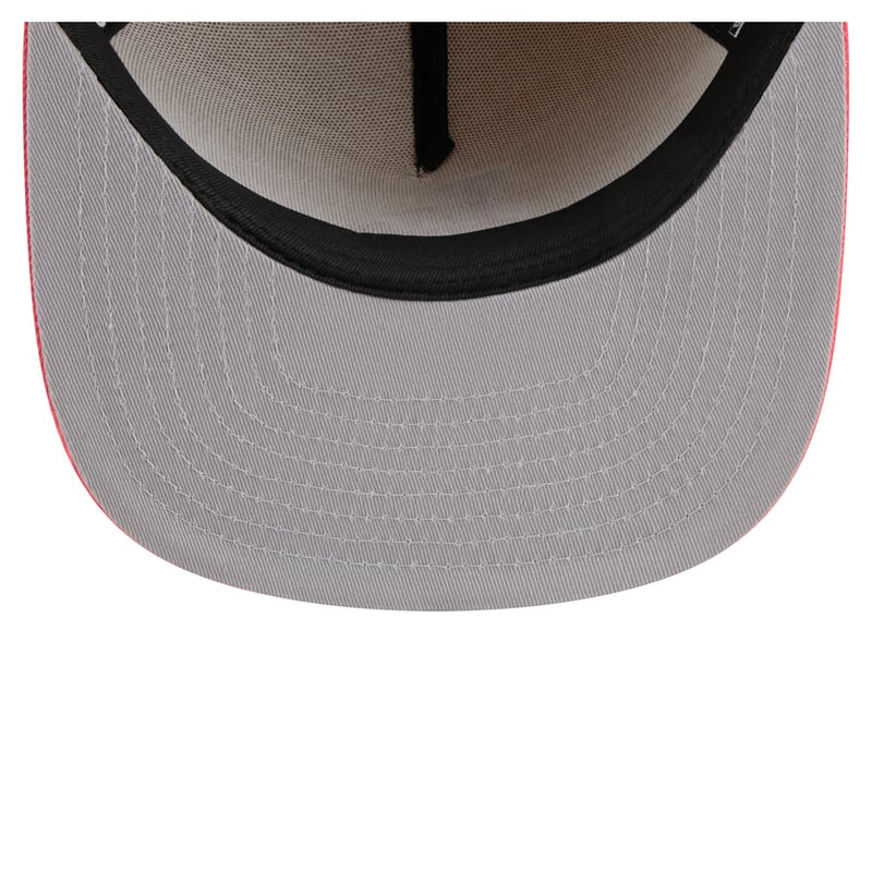 Load image into Gallery viewer, Close-up of the curved brim of a baseball cap, showing a light gray fabric front with white stitching, a black inner band, and a thin red edge outline, set against a plain white background.
