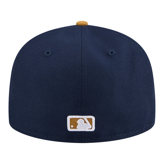 Navy blue baseball cap with a logo on the back against a white background
