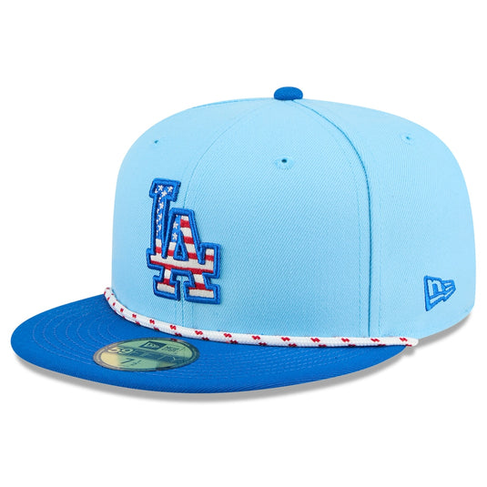 Light blue baseball cap with a white and red hat cord and an 'American flag' LA logo on a white background