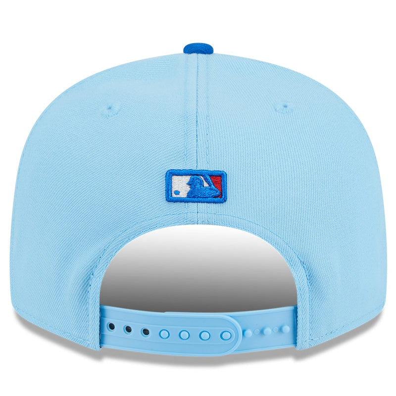 Load image into Gallery viewer, Light blue baseball cap with a logo on the back against a white background
