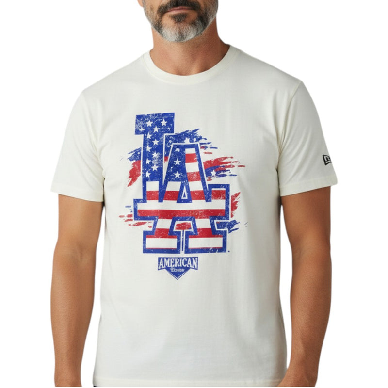 Load image into Gallery viewer, Man wearing a white t-shirt with an American flag design and 'AMERICAN' text.
