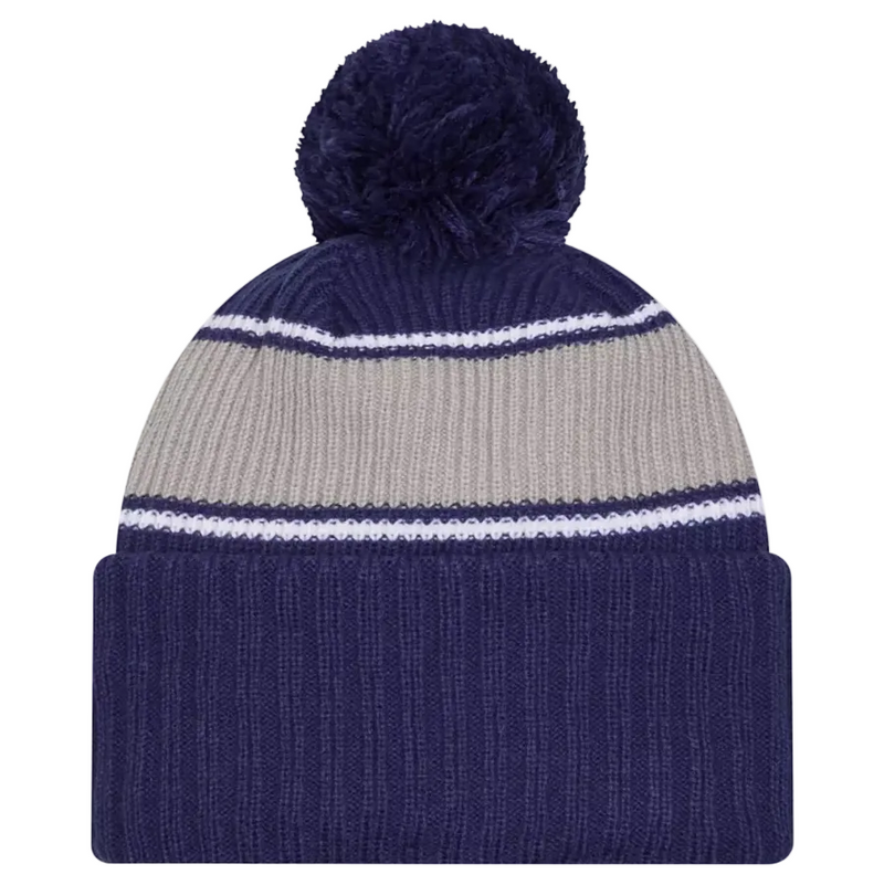 Load image into Gallery viewer, A navy blue knit beanie with a matching pom-pom, featuring a wide light gray stripe section bordered by thin white stripes.
