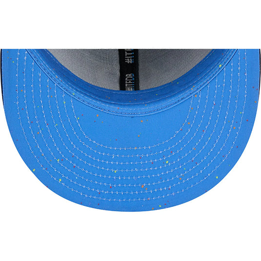 Close-up of a blue undervisor with a speckled pattern on a white background