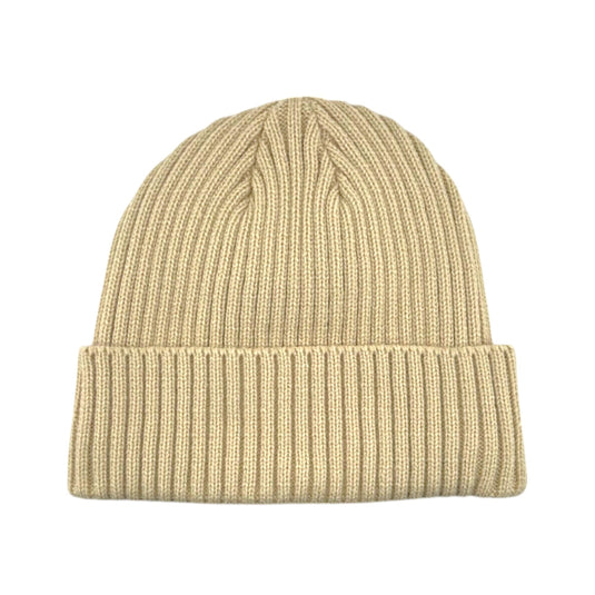 A beige ribbed knit beanie hat with a folded cuff, shown against a plain white background.