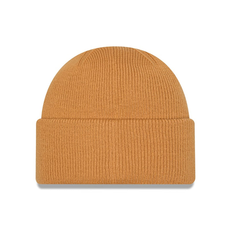 Load image into Gallery viewer, A classic ribbed knit cuffed beanie hat in a warm camel or ochre color, presented on a clean white background with a subtle drop shadow.
