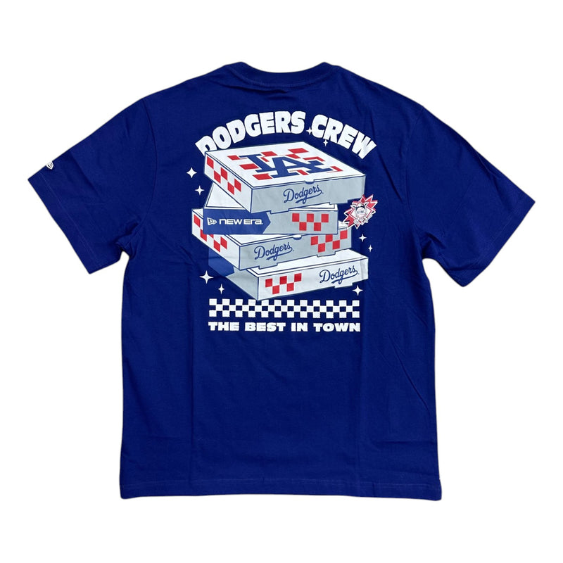 Load image into Gallery viewer, A royal blue short-sleeve t-shirt shown from the back, featuring a large graphic print of stacked Los Angeles Dodgers pizza boxes with 'DODGERS CREW' and 'THE BEST IN TOWN' text.
