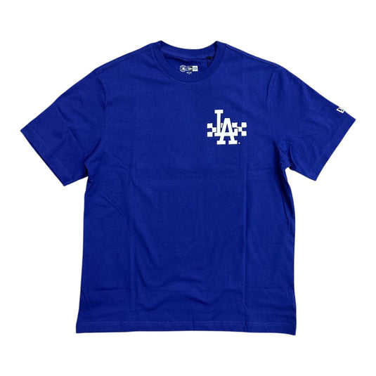 A royal blue short-sleeve crewneck t-shirt featuring a white pixelated 'LA' logo on the center chest, displayed flat against a solid white background.