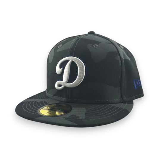 Black camo baseball cap with a white logo on a white background